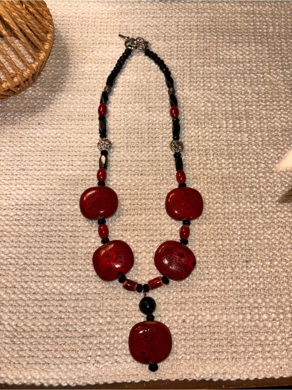 Red & Black Statement Beaded Necklace — Boho Southwestern Style